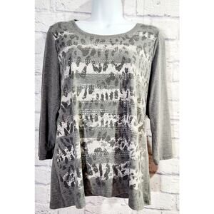 Zenergy By Chico's Gray Pink Metal Stud Top 1 Medium Lightweight 3/4 Sleeves